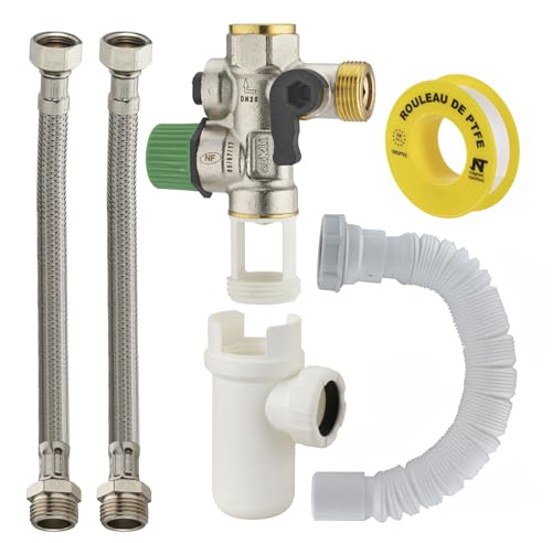 Kit raccordement Groupe de sécurité droit norme NF 20x27 (3/4) siège teflon anti-calcaire + siphon + flexibles d'alimentation + flexible évacuation + teflon chauffe eau/cumulus NOYON & THIEBAULT