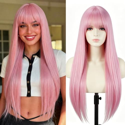 COOINEADER Pink Long Straight Wig with Bangs for Women(26Inch)