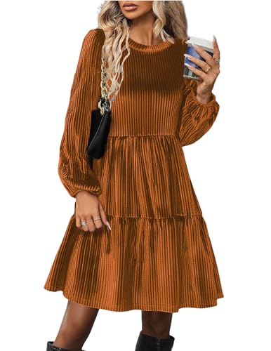 Zeagoo Winter Kleid Damen Langarm A Linie Samtkleid Elegant Knielang Einfarbig Kleider Velvet Weihnachten Kleid Abendkleid mit Taschen Hellbraun M