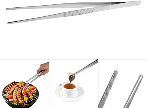 Long Tweezers, 30cm / 12-Inch Stainless Steel Silver Long Food Tongs Straight Home Medical Tweezers Garden Kitchen Tool