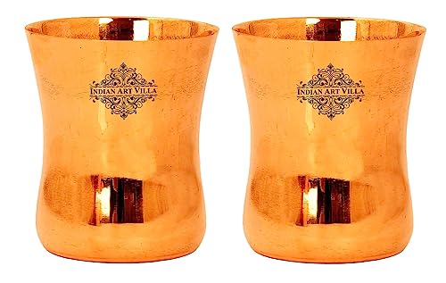 INDIAN ART VILLA Curved Plain Copper Glass Tumbler Cup, Drinkware & Tableware, Yoga Ayurveda, 300 ML, Set of 2