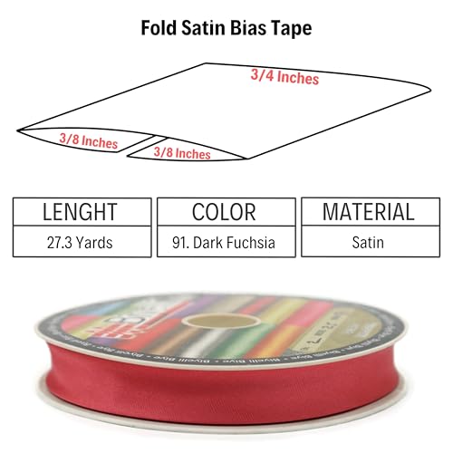 Image of Fold Satin Bias Tape - 99+ Colors - 3 /4 Inches Wide - 27 Yards - Fold Satin Binding Bias Ribbon Fabric Piping Bias Binding Tape for Sewing Clothing DIY (91. Dark Fuchsia) BYS91