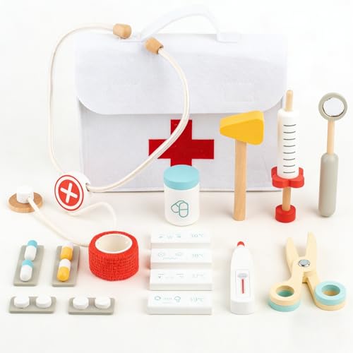 LIULINY 17 Piezas Maletin Medicos Juguete de Madera, Kit Medico Infantil Incluye Estetoscopio, Tensiómetro y Más Maletin Medico Juguete Kit Médicos Juego Roles para Niños de 3, 4, 5 Años en Adelante
