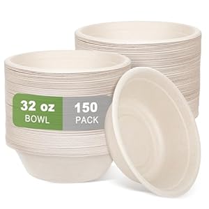 Large Paper Bowls Disposable,32oz Disposable Bowls for Hot Soup,150 Pack Eco-Friendly, Compostable Bagasse Bowls,Disposable Heavy Duty Biodegradable Bowls Bulk for Hot Food,Salad,Milk Cereals