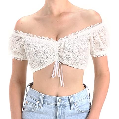 Kelliar Dirndlbluse Kurzarm, Trachtenbluse Damen Dirndlblusen Spitze Dirndl Blusen Weiß Schulterfrei Crop Top Cover