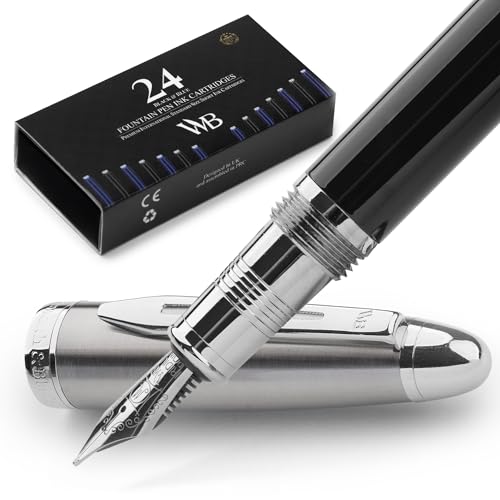 Image of Wordsworth & Black Majesti Luxury Fountain Pen Set for Writing, Medium Nib | Black, Gift for Men Women, Chrome Finish, 18K German Iridium, Calligraphy, Converter + 24 Ink Cartridges, Refillable