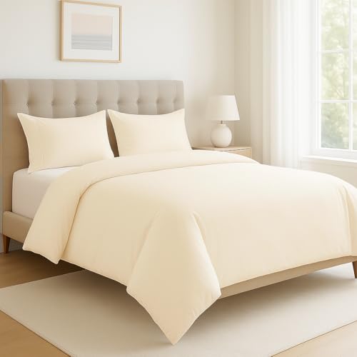 LANE LINEN Double Size Organic Cotton Duvet Cover Set - Ultra-Soft 3-Piece Bedding, Includes 1 Duvet Cover 200 x 200 cm and 2 Pillow Shams, Natural & Eco-Friendly, Comforter Not Included - Ivory
