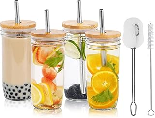 ALINK 4-Pack 24 oz Boba Cup Bubble Tea Cups, Reusable Mason Jar Cups / Wide Mouth Smoothie Cups with Wood Lids and Silver Straws, Iced Coffee Cups, Clear Tumblers Drinking Bottle with Cleaning Brush