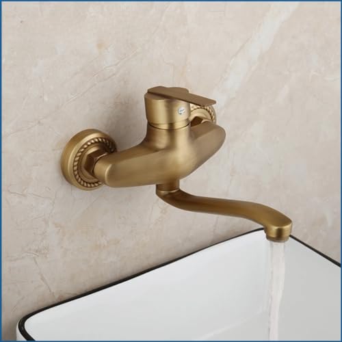 Grifo de lavabo de baño de latón antiguo monomando de pared 2