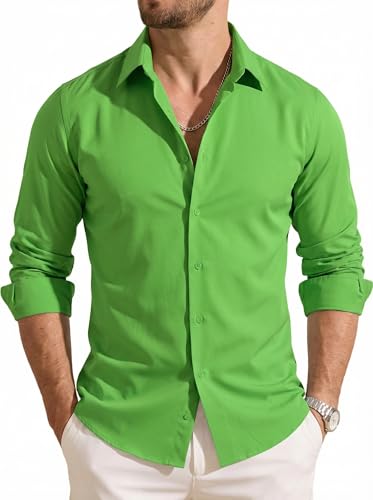 Image of Barry.Wang Men's Button Down Shirt Long Sleeve Regular Fit Stretch Solid Formal Casual Business Vacation Green Shirts