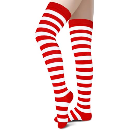 Elf Red and White Striped Thigh High Christmas Socks - Santa and Elf Costume Socks