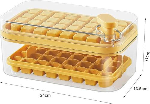 Image of Homecloud 2-Layer Ice Cube Tray with Lid & Bin - BPA-Free Square Ice Cube Molds with Scoop, Easy One-Tap Release, Space-Saving Ice Storage Container, Makes 64 Cubes (Yellow)