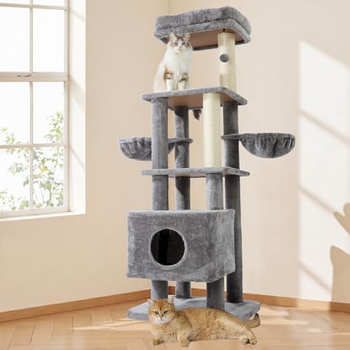 Gardner Pet 65in Heavy Duty Cat Tree Tower for Large Cats, Multi-Level Cat Furniture with Replaceable Sisal Scratching Post, Hammock | Extra-Large Platform & Condo (Grey) Basic φ:2.84" Grey
