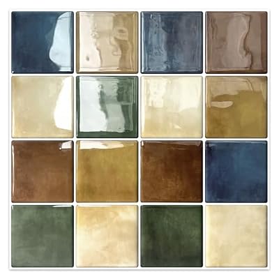 DEWOO Colorful Peel and Stick Backsplash Tiles Kitchen Bathroom Square Self Adhesive Wall Tile Checkered Stickers,Multicolor (10-Sheet, 12"×12")
