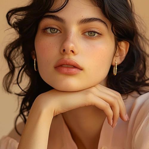 Gold Earrings for Women 14k Gold Hoop Earrings for Women Square Hoop Earring for Womens Square Oval-Shaped Design with A Small Round Bead Dainty Hoops Earring for Womens Hoops Trendy 33mm3