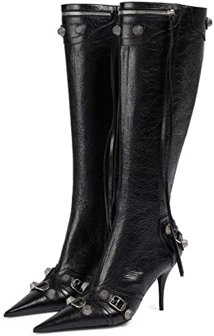 Kluolandi Women's Stiletto High Heel Knee High Boots with Tassel Pointy Toe Studded Zipper Booties Dress Shoes Black Size 7