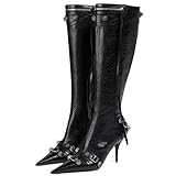 Kluolandi Women's Stiletto High Heel Knee High Boots with Tassel Pointy Toe Studded Zipper Booties D