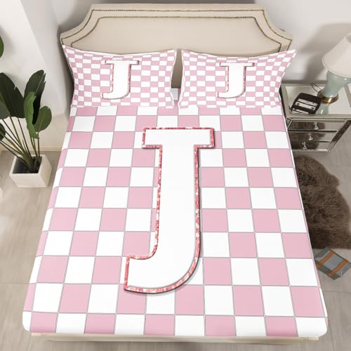 Image of Erosebridal Pink Initial J Sheet Set King Kawaii Plaid Checkered Bed Sheets Cute Personalized Monogram Bedding for Kids Girls Teen Women,Fashion Grids Gingham Bed Sheets Set 4 Piece