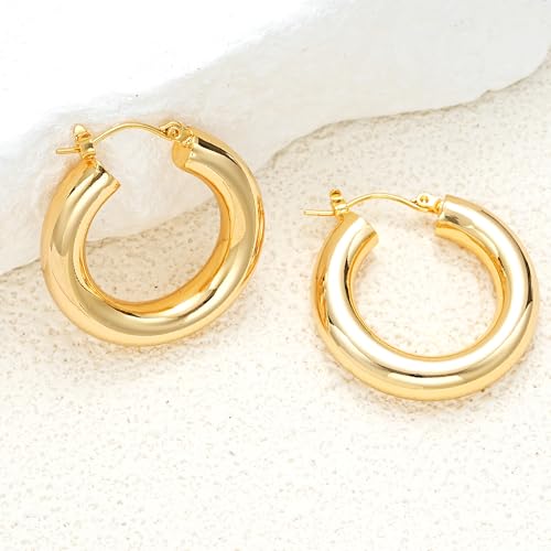 Image of Shining Diva Fashion Anti Tarnish Jewellery Celebrity Inspired 14k Real Gold Plated Simple Plain Link Chain Chunky Huggie Hoop Trendy Stylish Copper Earrings for Women Girls
