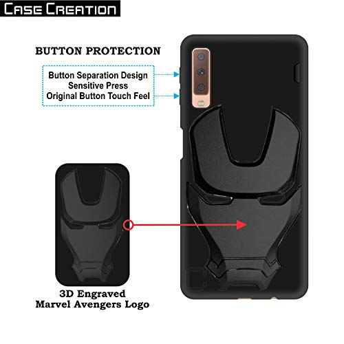 Image of Official 3D Touch Feel Trending Real Hero Avenger Logo Mask Soft Rugged Grip Iron Man Super Power Cartoon Movie Silicone Matte Strong Back Cover for Samsung Galaxy A7 (2018) -Black