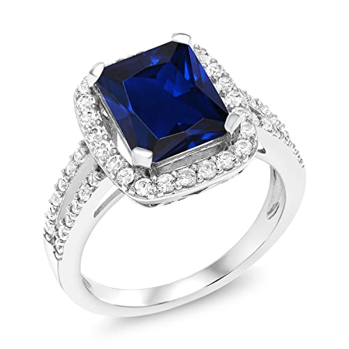 Gem Stone King 925 Sterling Silver Blue Simulated Sapphire Engagement Ring For Women (4.58 Cttw, 10X8Mm Emerald Cut, Available In Size 5, 6, 7, 8, 9) #TOP1