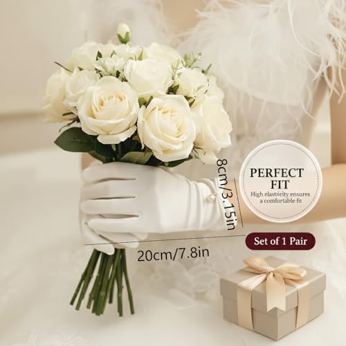 Lahkvor Gants courts en satin blanc pour femme – Élégants gants de mariée avec perle et froufrous – Gants de soirée vintage pour mariage, baptême et fête (Blanc) – vue 2