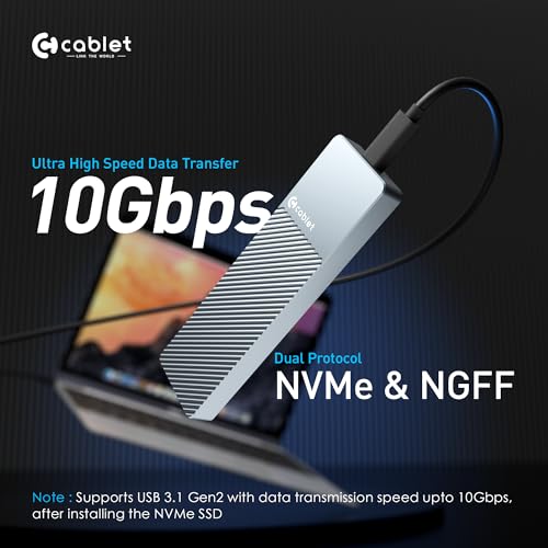 Image of Cablet M.2 NVMe /NGFF SSD Enclosure USB 3.1 Gen2 10Gbps for 2242 /2260 /2280 M-Key /M+B Key PCIe SSD, Supports Dual Protocol NVMe and NGFF SSD, UASP Max 2TB, Aluminium Case