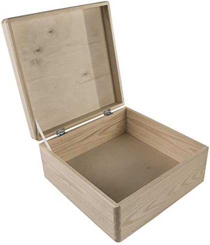Square Small Wooden Storage Box with Hinged Lid & Holding Tape | 20 x 20 x 14 cm | Memory Keepsake Chest | Unpainted Plain Pine to Decorate Craft