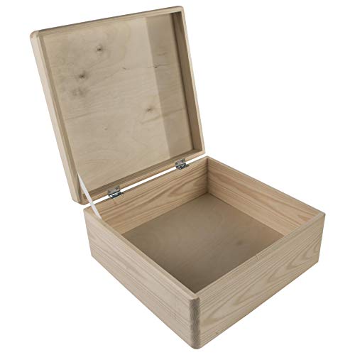 Boîte de rangement carrée moyenne en bois avec couvercle à charnière et ruban adhésif de maintien | 30 x 30 x 14 cm | Coffre à souvenirs | Pin uni non peint pour décorer les travaux manuels Cover