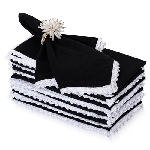 FINGERCRAFT Lace Cloth Napkins, Cotton Linen, 12 Pack, 20x20 Inch, Black