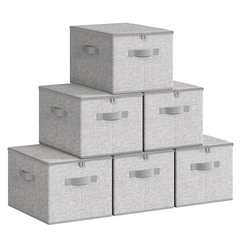 SONGMICS Boîte de Rangement, Pliable, avec Couvercle, Poignées, Coffre, Panier, pour Vêtements, Chaussres, en Tissu Non-tissé, Lot de 6, 40 x 30 x 25 cm,...