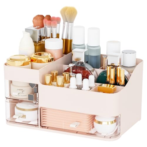 Pink Make up Organizers for Vanity with 3 Drawers,Large Skincare Organizers for Countertop,Desk,Dresser,Plastic Bathroom Counter Organizer for Eyeshadow Palettes,Perfume,Make up Brush Organization