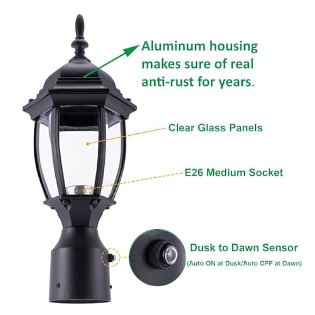LIT-PaTH Dusk to Dawn Outdoor Post Lighting Fixture Pole Lantern, E26 Medium Base Max 60W, Aluminum Housing Plus Glass, Bulb Not Included (Black, 2-Pack)