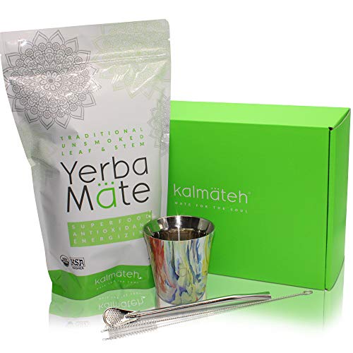 Kalmateh Petite Yerba Mate Starter Setâ€“ Modern 5 oz Double Walled Stainless Steel Mate Cup with Bombilla/Bombilla Cleaner & Organic Unsmoked Yerba Mate (1lb) (Flower)