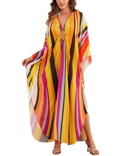Image of KECVOT Kaftan Dresses for Women Plus Size Batwing Sleeve Caftans Long Bathing Suit Cover Up Maxi Beach Dress Loungewear