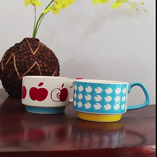 Image of Spooky Japanese Retro Ceramic Coffee Mug - 300ml Printed Stackable Cup with Handle - Hanging Design for Milk, Tea & Espresso - Ideal Gift for Couples, Home or Cafe (Blue and White - Bird)