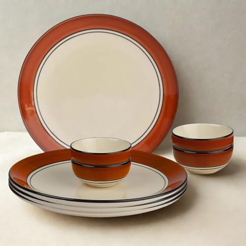 Image of Freakway Solid Glossy Finish Brown and White Handcrafted Dinner Set Ceramic Stoneware Dinner Set of 8 Pieces | 4 Dinner Plates & 4 Serving Bowl | Dishwasher & Microwave Safe - Multicolor