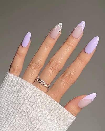 LADYING 24 Pcs Almond False Nails Short, Gradient White French Press on Nails Designs, Natural Nude Fake Nails Short with Nail Glue,Oval Stick on Nails for Women, Nail Fake Nail for Nails Art