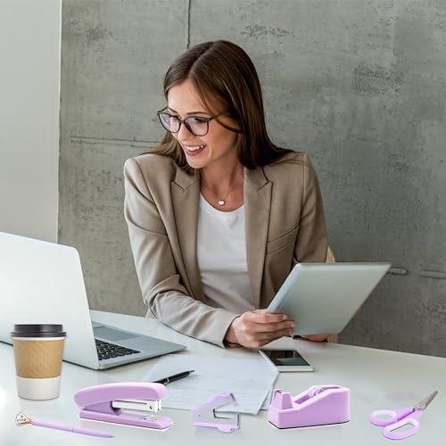 Purple Office Supplies, Purple Desk Accessories, Stapler, Staple Remover, Tape Holder, Pen Holder, Ballpoint Pen, Scissor, Binder Clips, Paper Clips and 1000pcs Staples. - Thumbnail 6