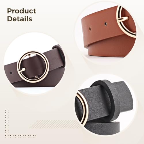 4 Pcs Pu Leather Belts For Women With Round Metal Buckle, Black, Coffee, Tan, White, Adjustable Sizes 3T-5T, Comfortable Stylish For Everyday Wear2