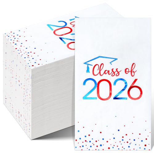 100pcs Class of 2026 Graduation Napkins, Disposable Congrats Grad Napkins Foil Dot Paper Hand Towels for 2026 High School University College Graduation Party Decorations (White Red Blue）
