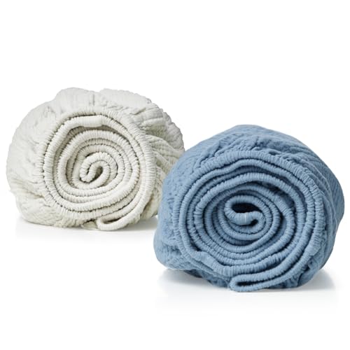 Image of Momcozy Muslin Fitted Bassinet Sheet, 2 Pack Soft Breathable Natural Cotton 32"x16" Baby Cradle Mattress Sheet, 360° Mattress Wrapping No Slip Boys Girls Neutral Bed Sheet, Small, Blue & Grey