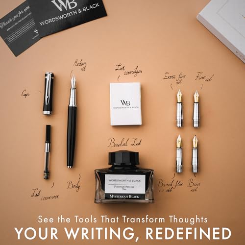 Image of Wordsworth & Black Fountain Pen Gift Set, Includes Ink Bottle, 6 Ink Cartridges, Ink Refill Converter, 4 Replacement Nibs, Premium Package, Journaling, Calligraphy, Smooth Writing Pens [Black Chrome]