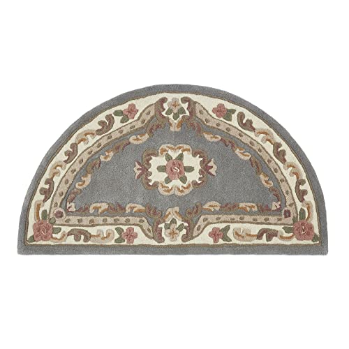 Lotus Aubusson - Alfombra clásica de media luna (67 x 127 cm, 100 % lana, 67 x 127 cm), color gris
