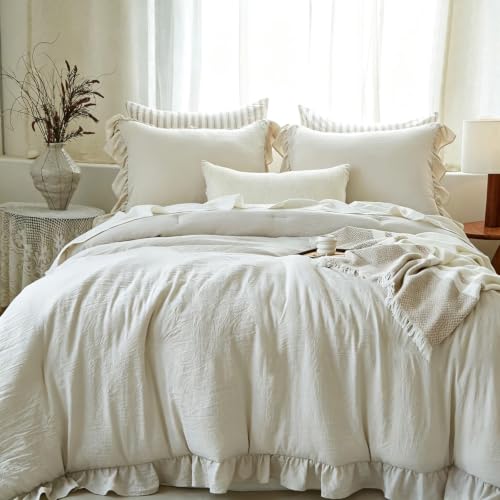Freyamy Mädchen Bettwäsche 155x220 Beige Unifarben Rüschen Bettwäsche Set – Ansicht 2