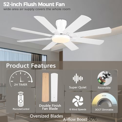 Image of JSAITEE Ceiling Fans with Lights, 52 Inch Low Profile Ceiling Fan,White | Ceiling FanCeiling with Light Flush Mount, DC Reversible Motor, Noiseless, White 6 Speeds Ceiling Fan for Bedroom