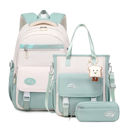 Tanou Schulrucksack Mädchen Rucksack für Teenager, Schultaschen-Set mit Studenten Umhängetasche und Federmäppchen, Kinder Schulranzen Casual Daypack School Bag for Girls, Grün