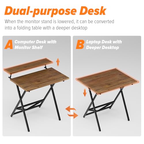 Image of WOHOMO Folding Computer Desk with Adjustable Height, 23.6 inch x 31.5 inch x 25.6 inch Foldable Table with Monitor Stand, Small Office Desk for Bedroom, Space Saving Desk for Home Office, Easy Assemble, Walnut