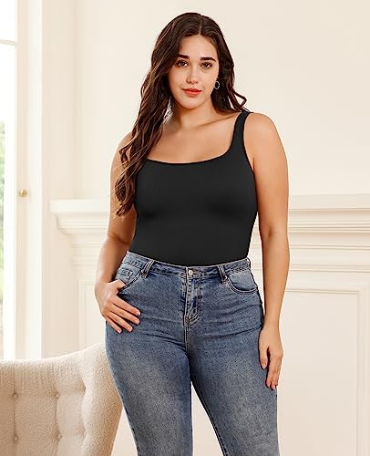 Mrignt Ribbed Seamless Bodysuit For Women, 3 Pack Sleeveless Shapewear Tank Top For Tummy Control, Sexy Body Sculpting Suits With Square Neck, Full-Coverage Bottom With Crotch Snaps #TOP3