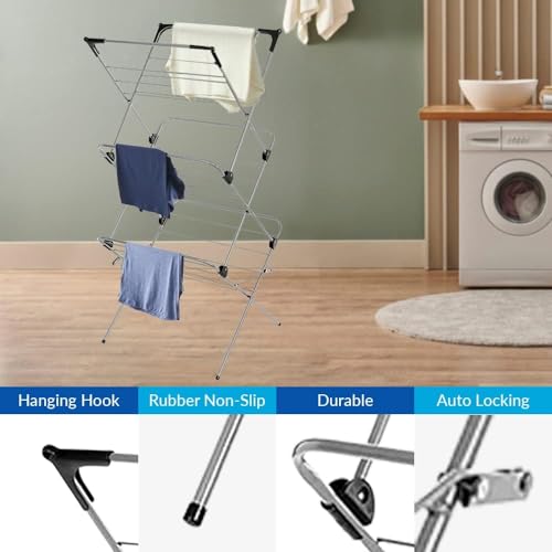 1ABOVE Premium Quality, Alloy Steel 3 Tier Clothes Airer Dryer Laundry Drying Washing Line Horse Indoor Outdoor Towel Rack-15m Drying Space- Non-Slip Feet and Corner spaces for Hangers- Black & Grey - Image 4